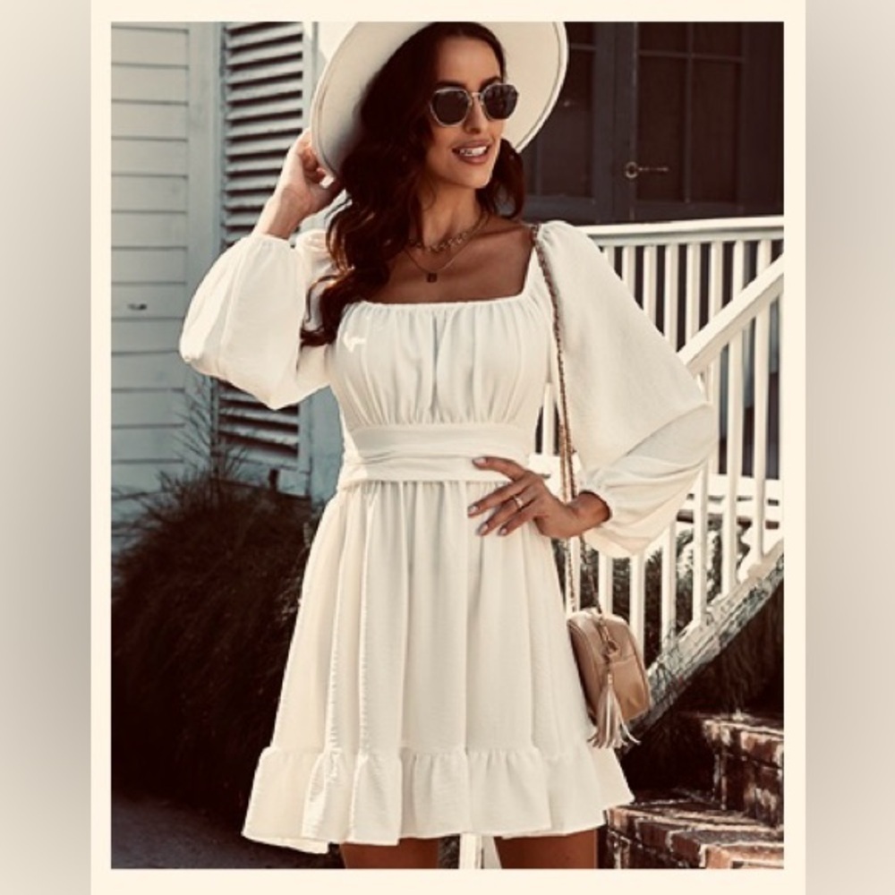 DOKOTOO White Chif-fon Dress Flowy With Ruffle Hem |Bow De-tail NWT Gorgeous!​
